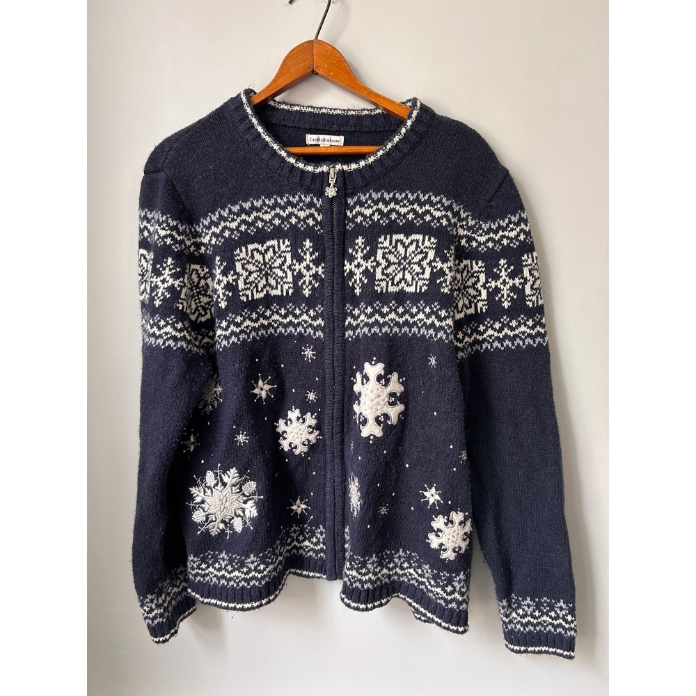 Croft & Barrow Navy Blue Snowflake Fair Isle Zip Up Cardigan Sweater Large Women